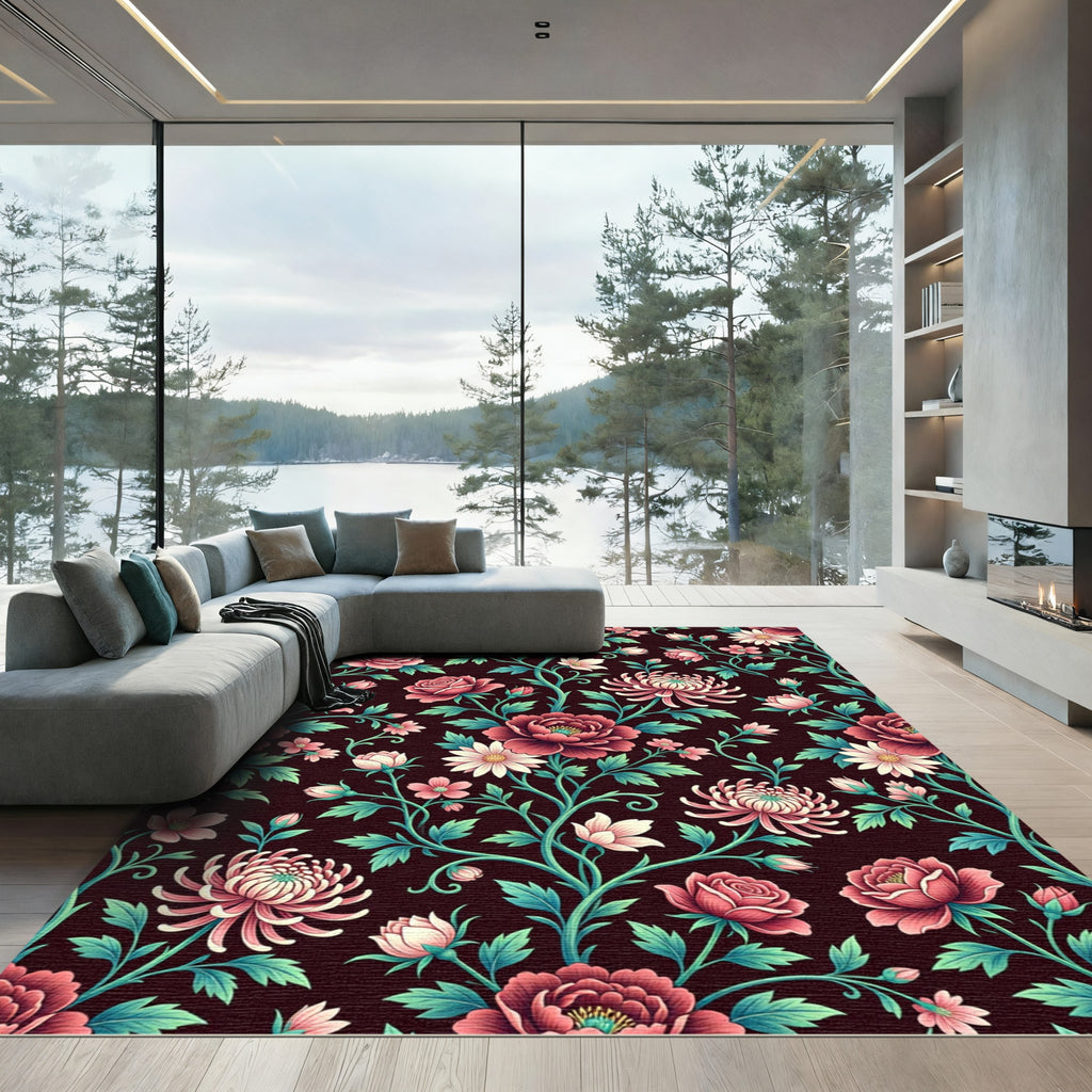 Dark Crimson Floral Victorian Botanical Rug
