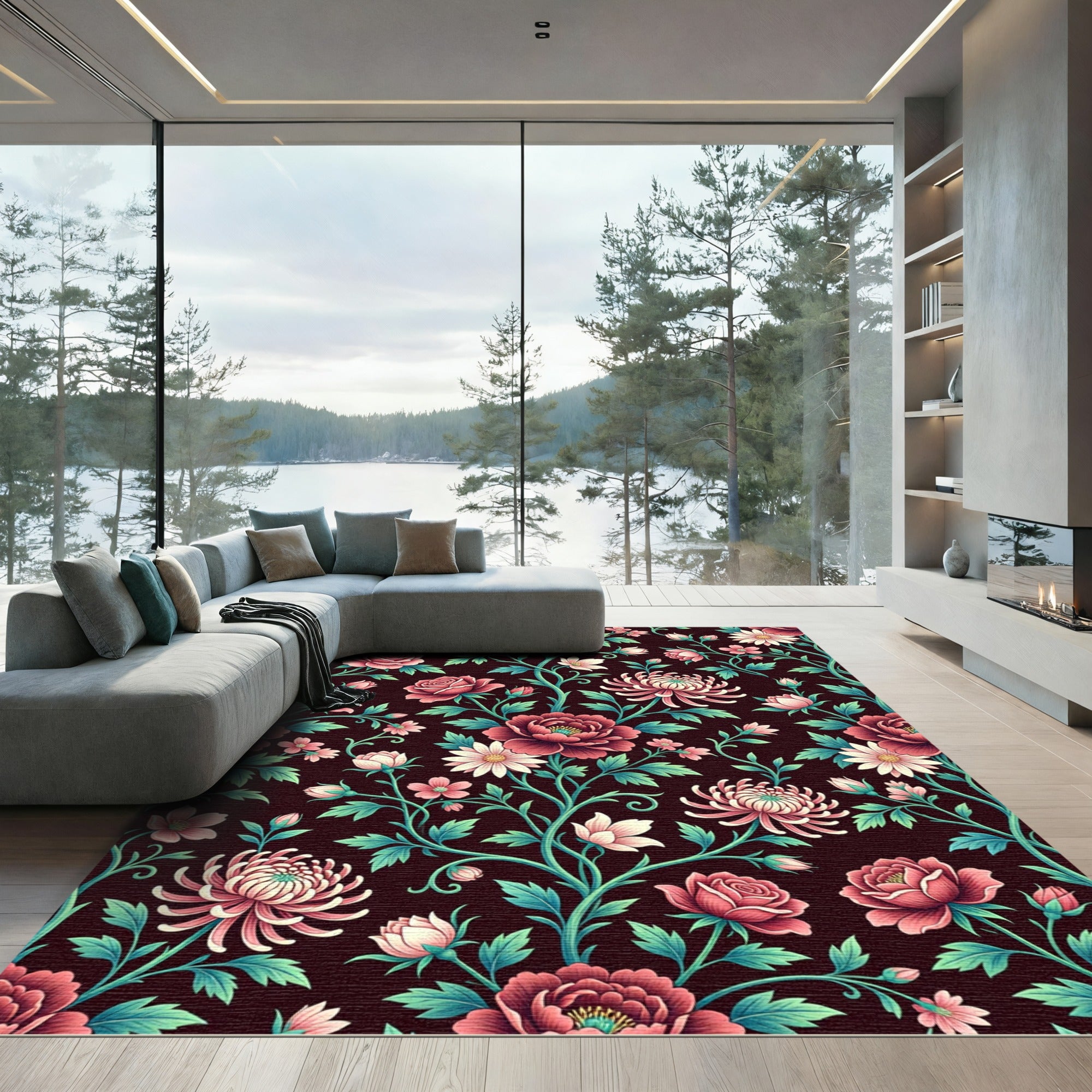 Dark Crimson Floral Victorian Botanical Rug