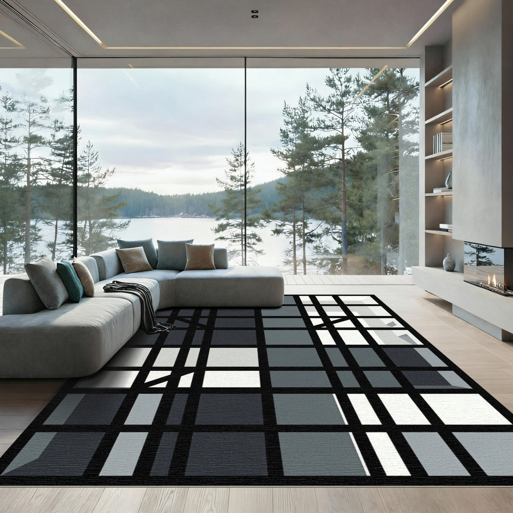 Monochromatic Gray Grid Composition Rug