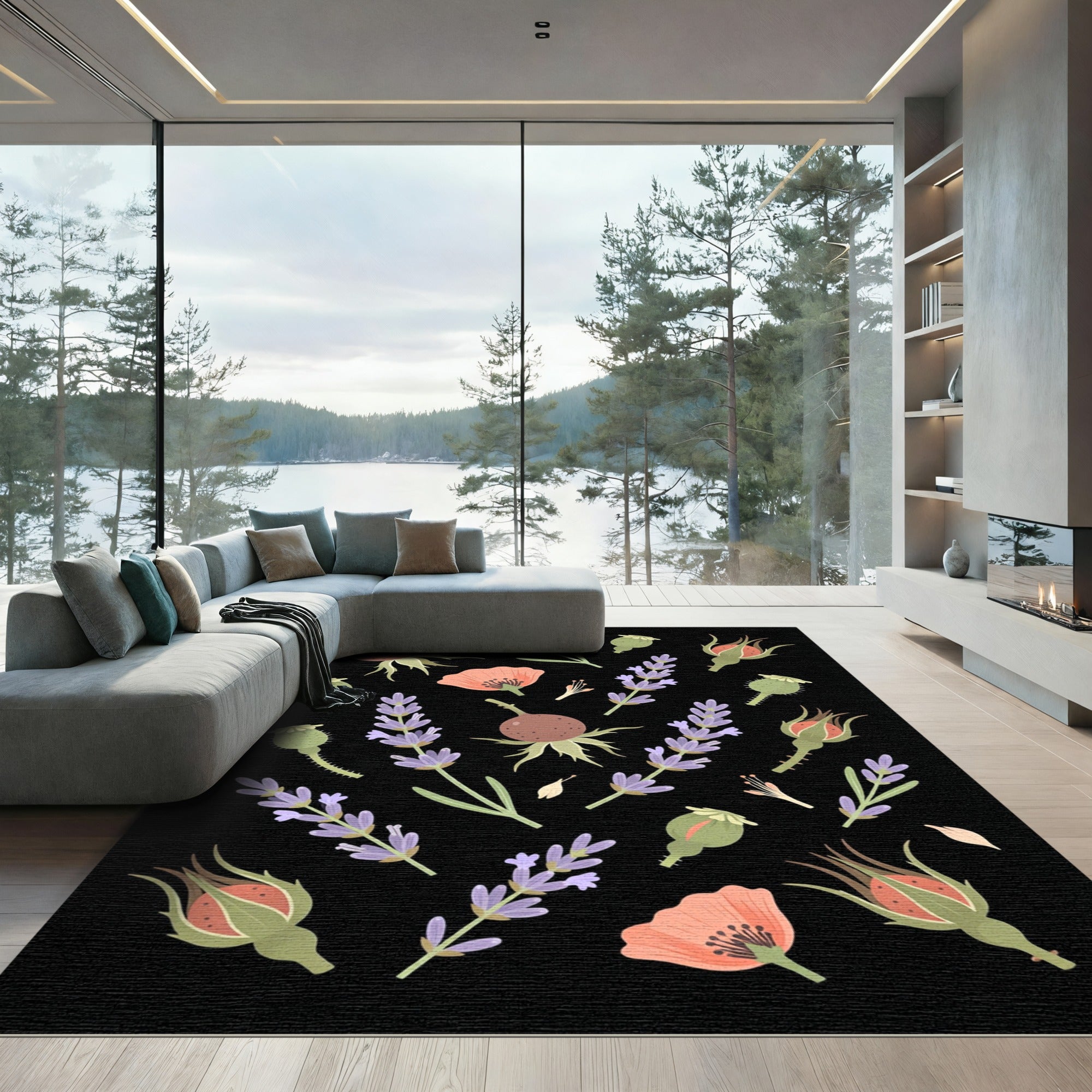 Whimsical Floral Lavender Rosehip Poppy Rug