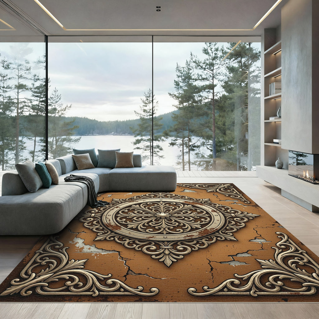 Ornate Damask Medallion Terracotta Filigree Rug