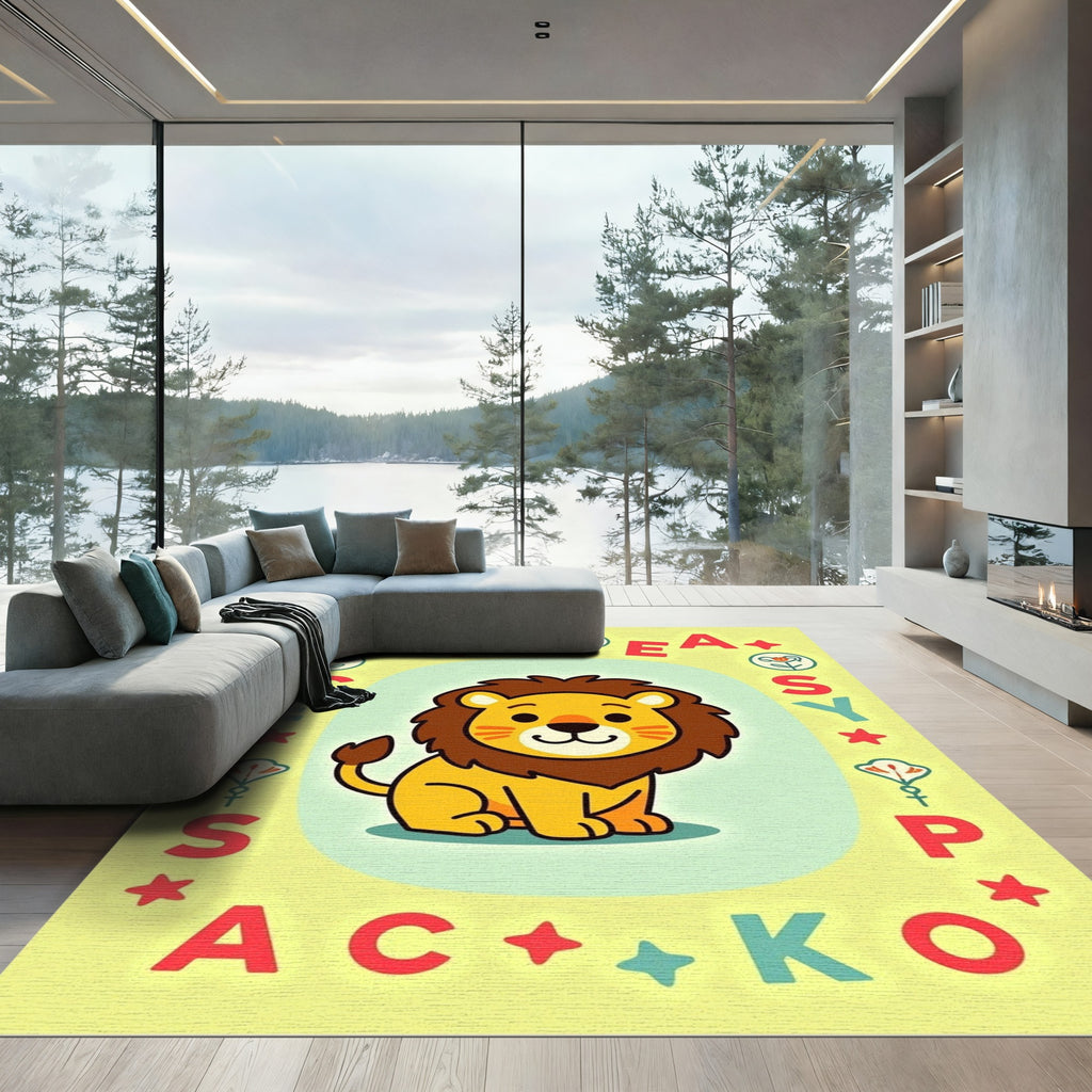 Cute Cartoon Lion Yellow Border Rug