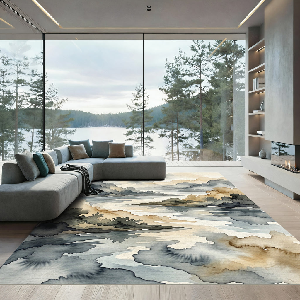 Misty Mountain River Watercolor Landscape Rug