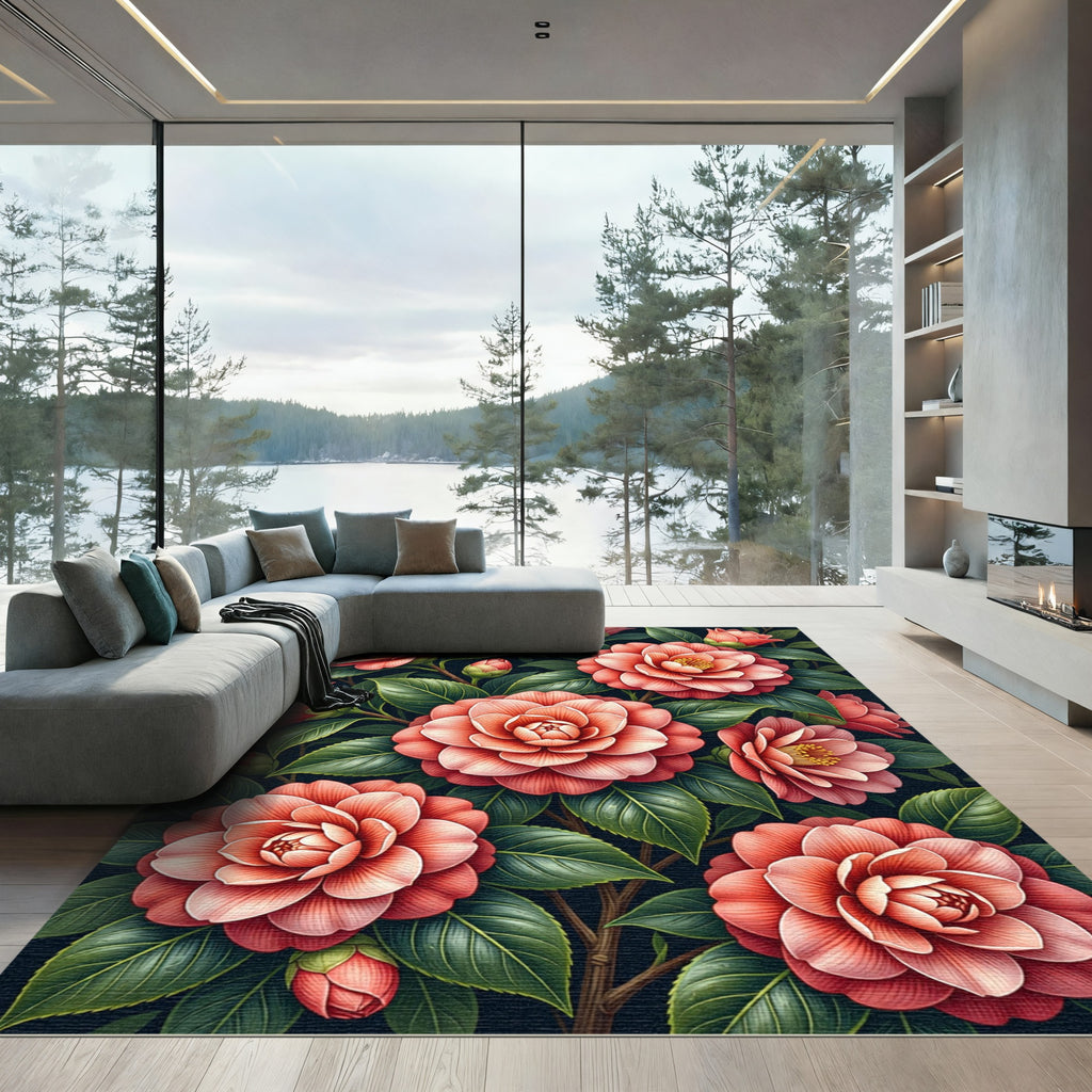 Lush Coral Camellia Botanical Garden Rug