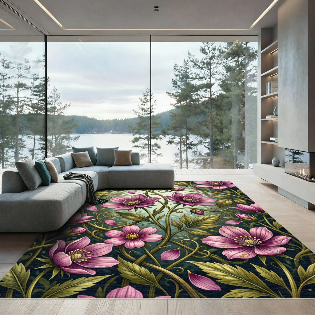 Elegant Pink Floral Botanical Illustration Rug