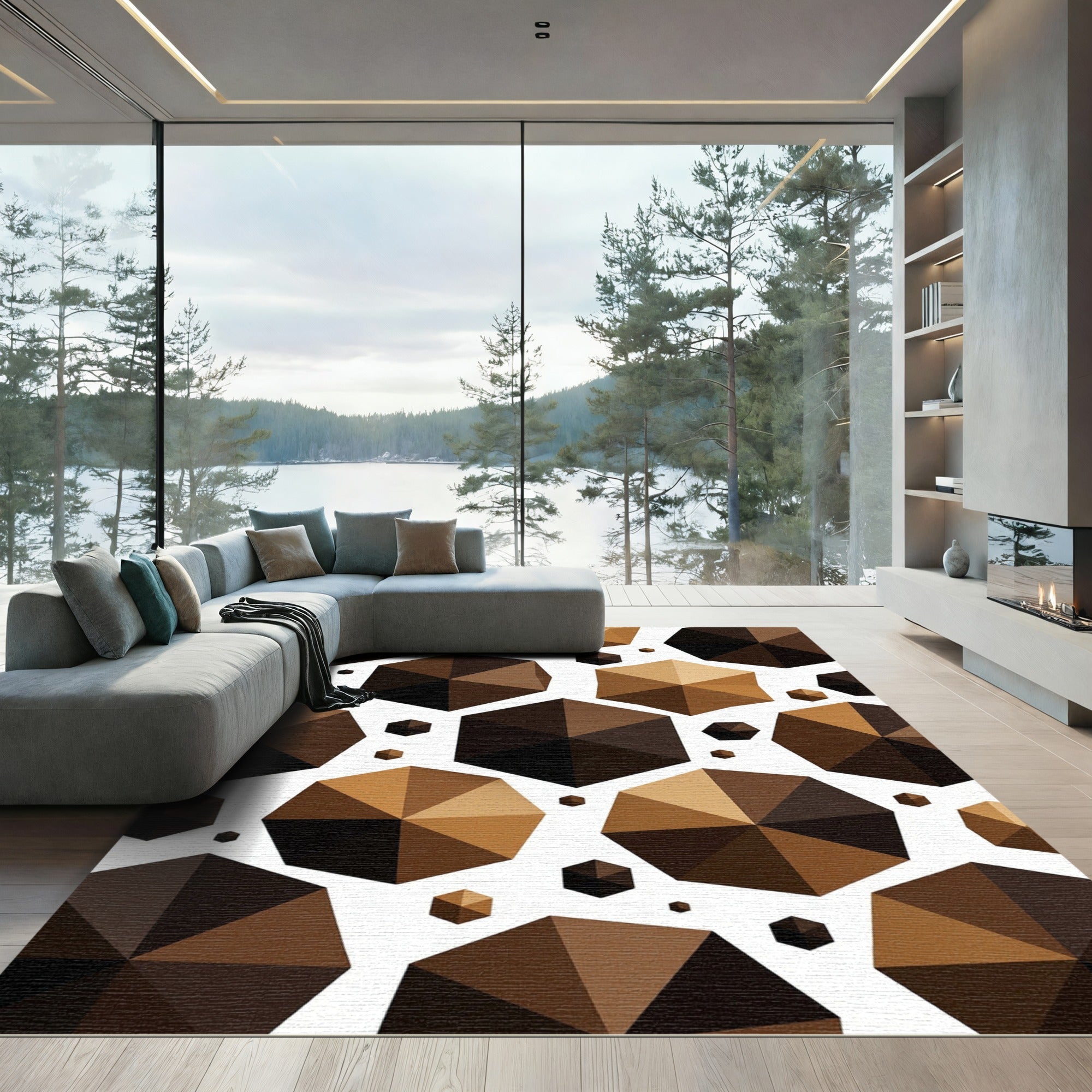 Geometric Hexagon Brown Ochre Mosaic Rug