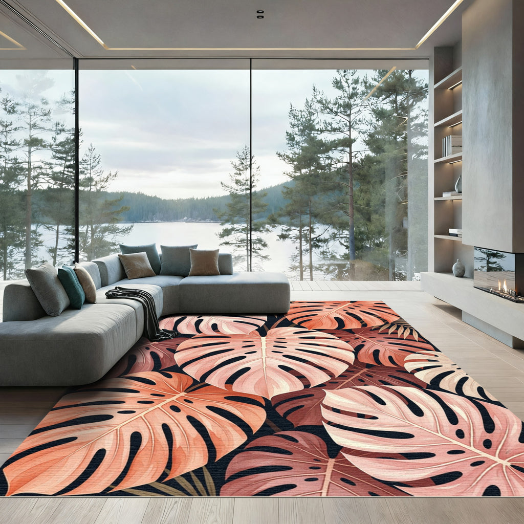 Coral Pink Monstera Leaf Collage Rug