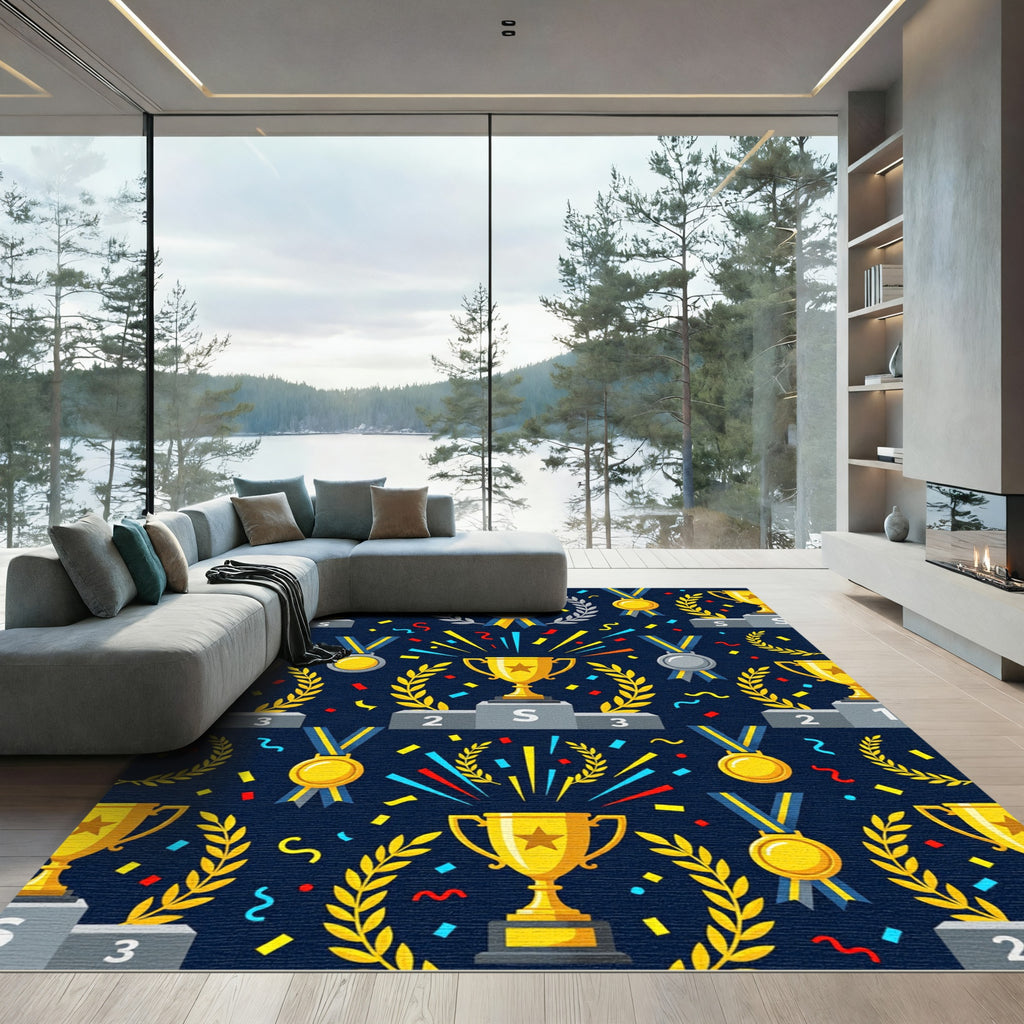 Golden Champion Trophy Medal Navy Backdrop Rug