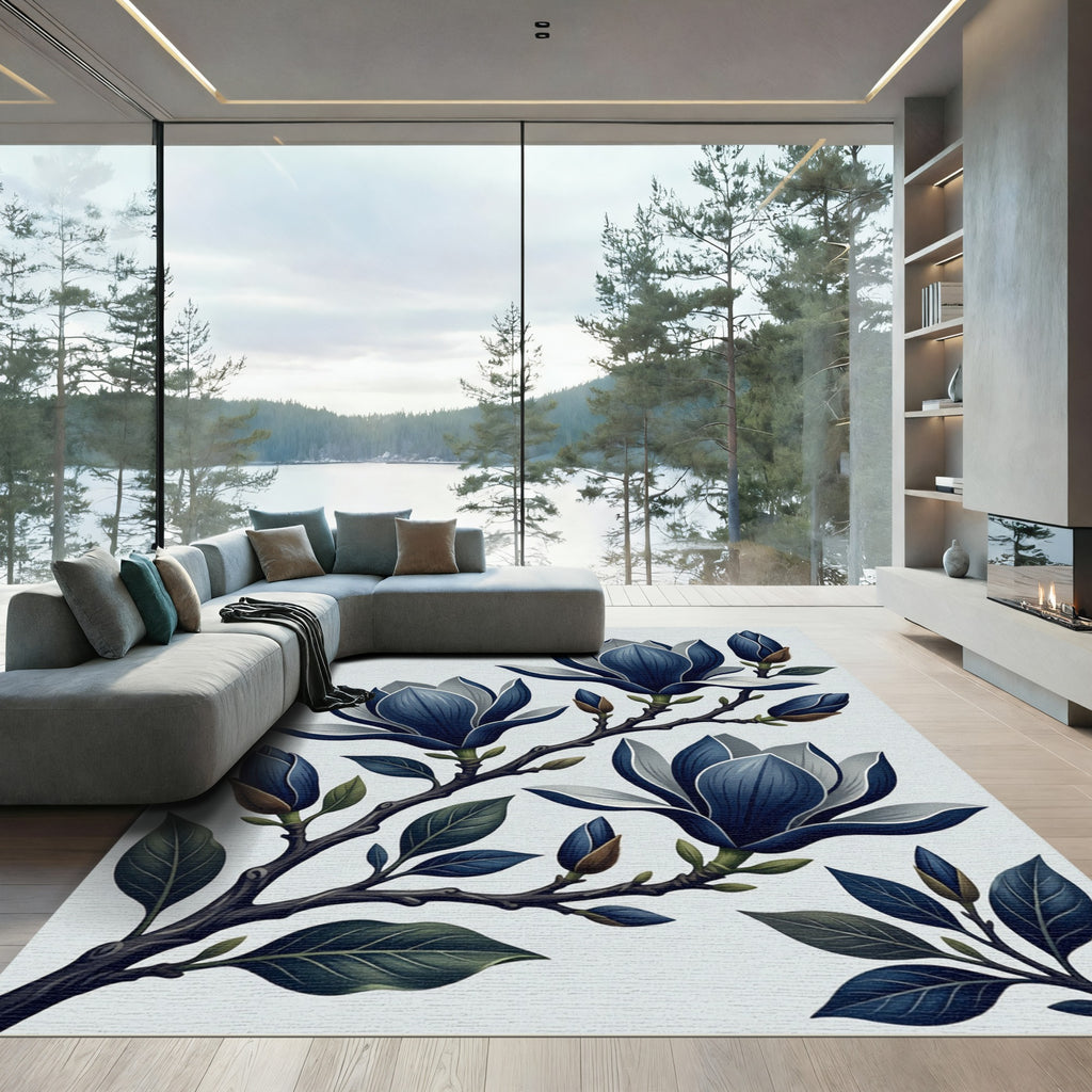 Elegant Navy Magnolia Botanical Branch Rug