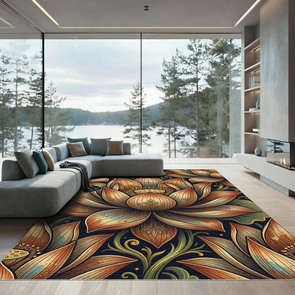 Ornate Golden Lotus Floral Tapestry Rug