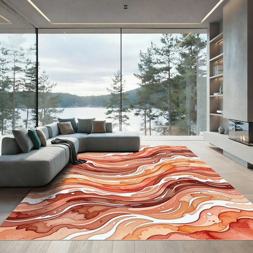 Abstract Burnt Orange Flowing Wave Rug