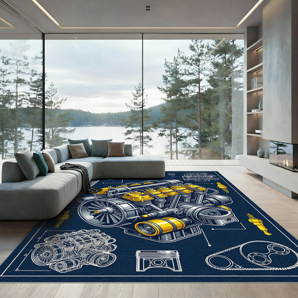 Mechanical Engine Blueprint Navy Yellow Art Rug