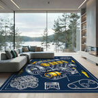 Mechanical Engine Blueprint Navy Yellow Art Rug