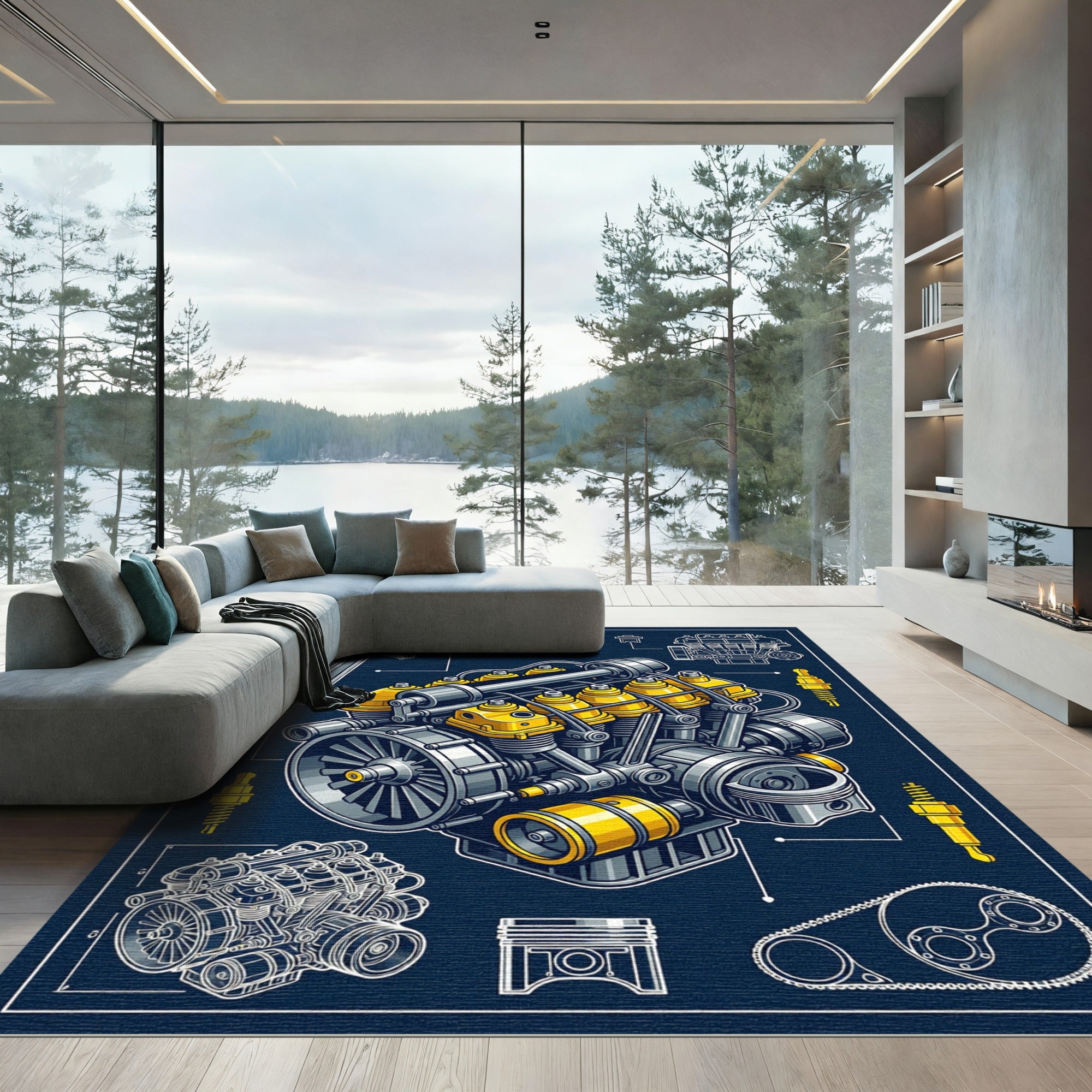 Mechanical Engine Blueprint Navy Yellow Art Rug