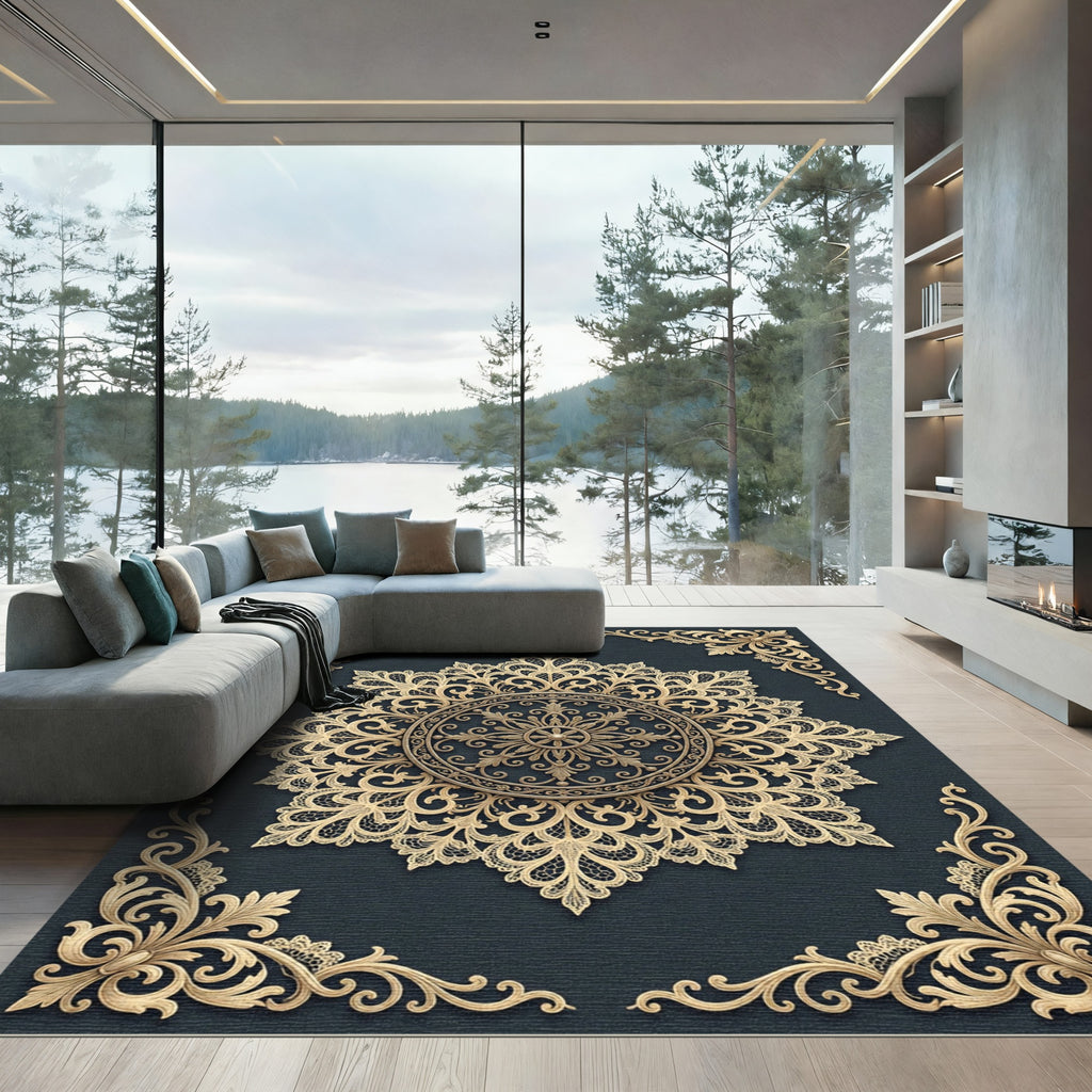 Ornate Golden Lace Medallion on Charcoal Rug