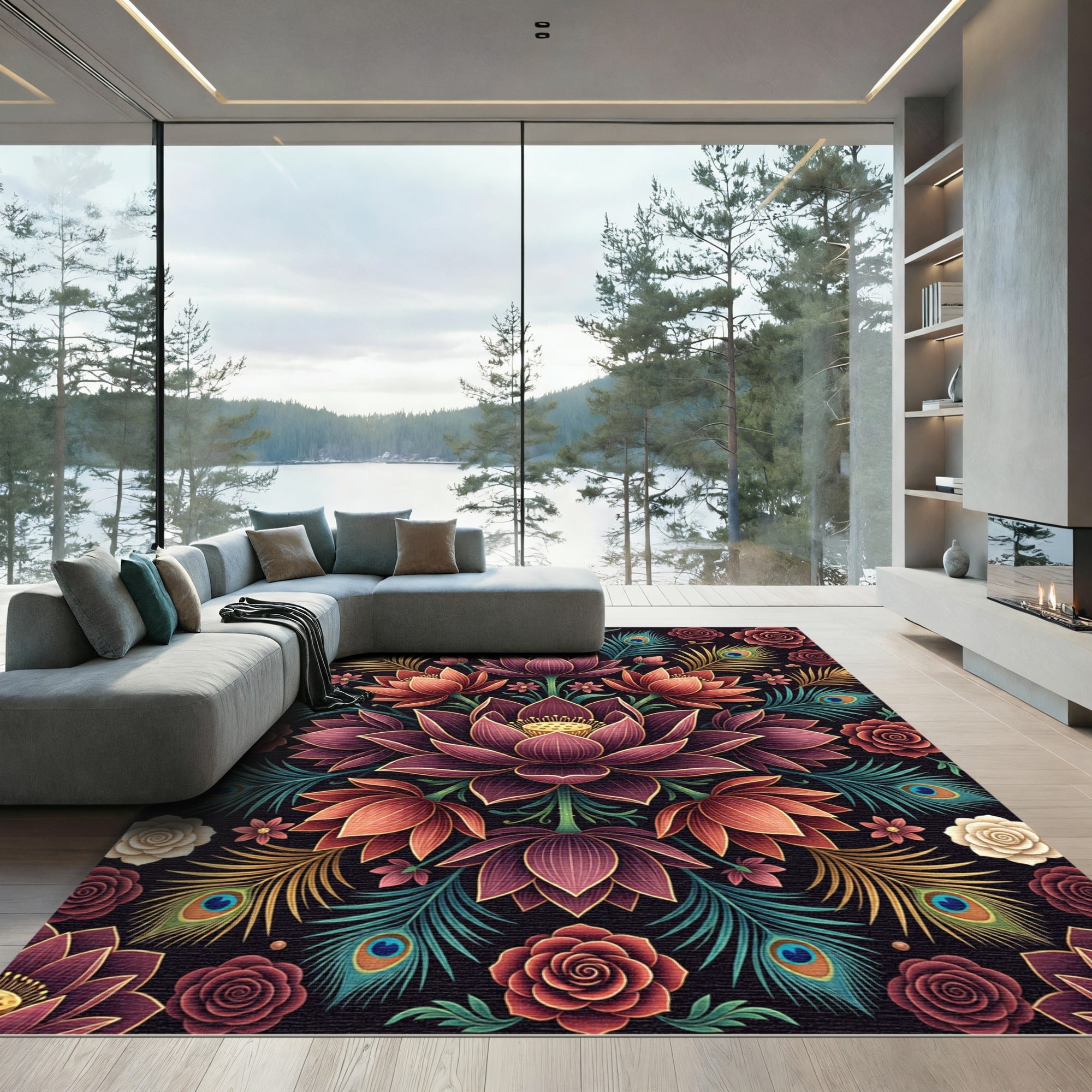 Lotus Floral Peacock Feather Symmetry Rug