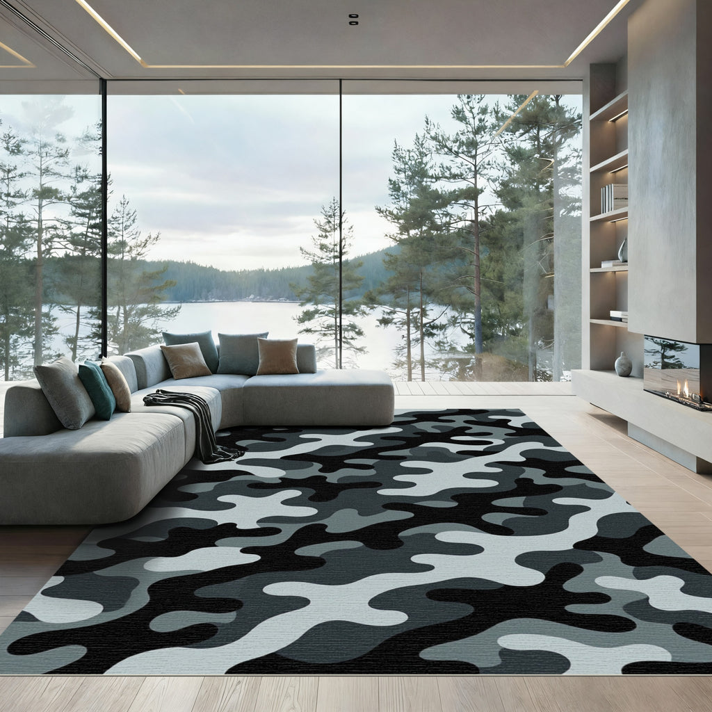 Modern Charcoal Gray Camouflage Graphic Rug
