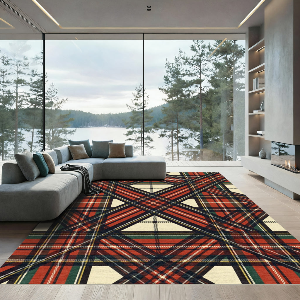 Crimson Red Plaid Intersecting Lines Rug