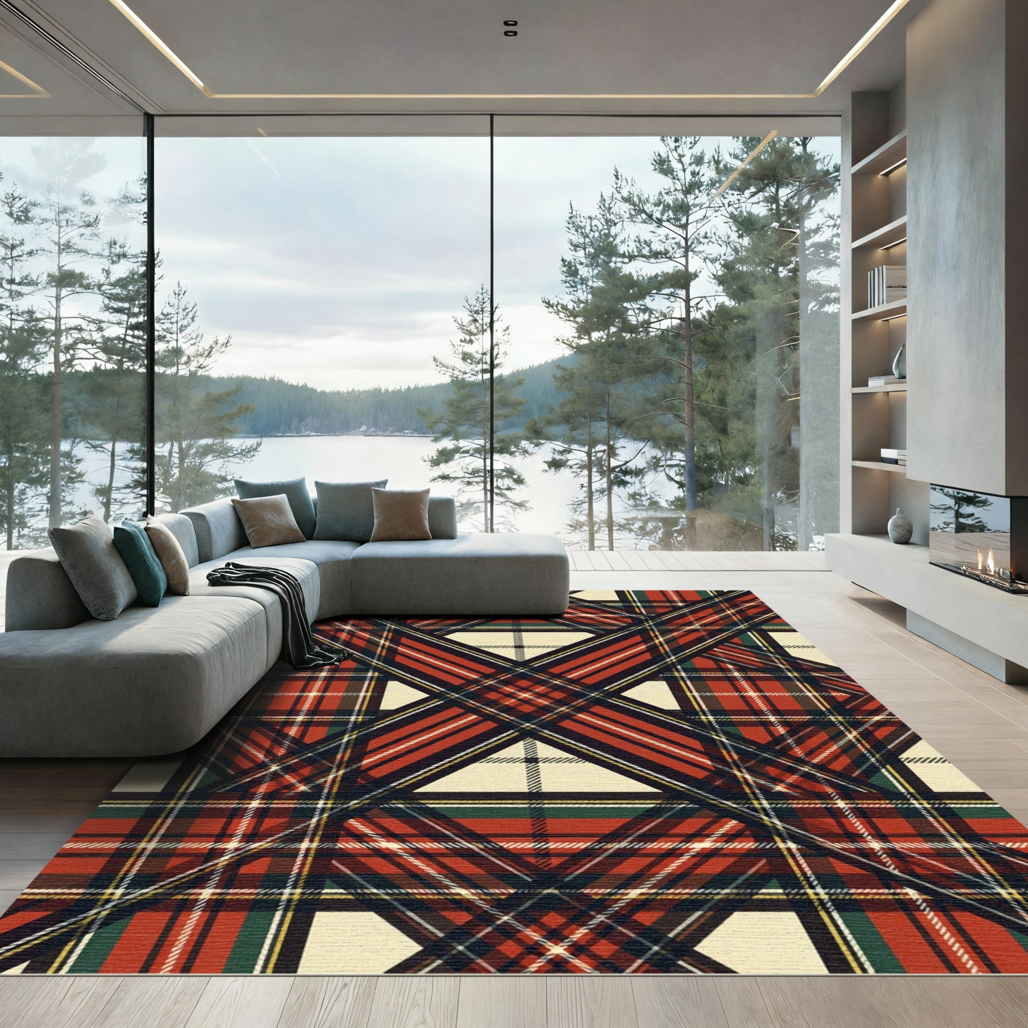 Crimson Red Plaid Intersecting Lines Rug