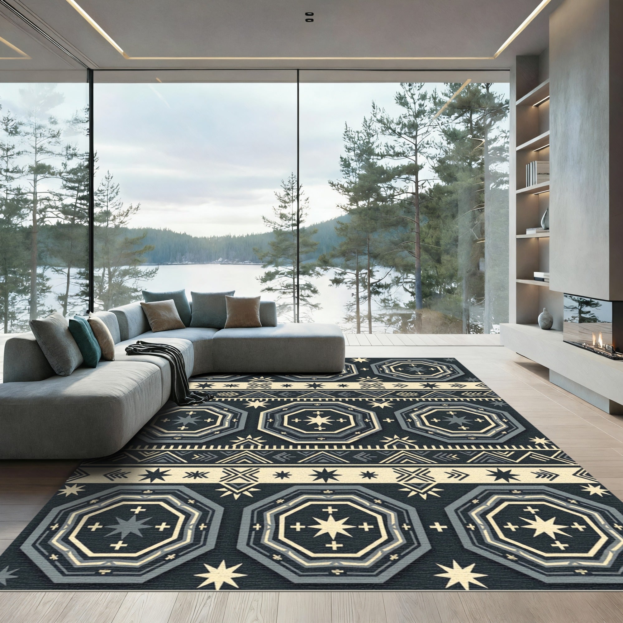 Celestial Geometric Octagon Navy Cream Rug