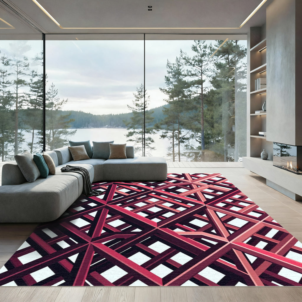 Crimson Lattice Interlocking Geometric Grid Rug