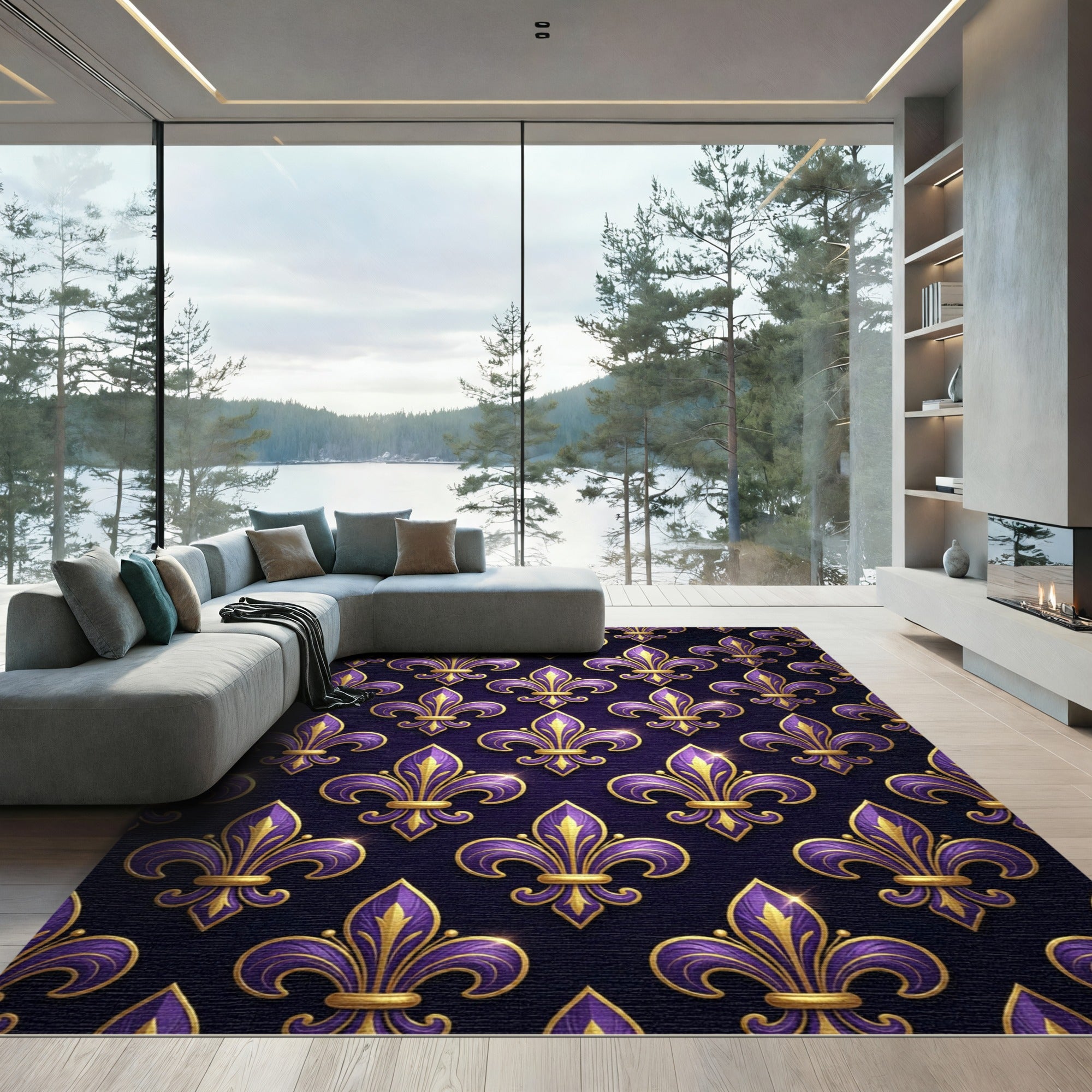 Royal Purple Gold Fleur-de-lis Crest Rug