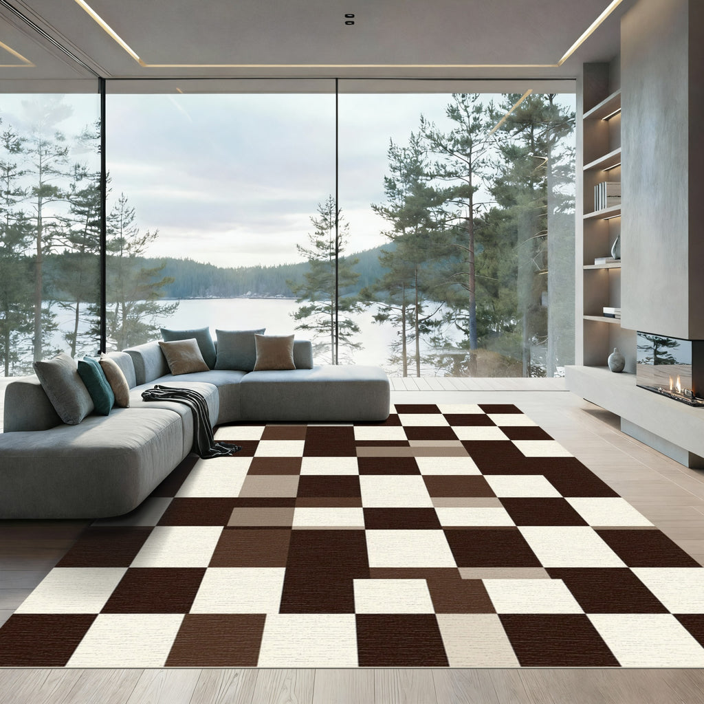 Modern Brown and White Checkered Grid Rug