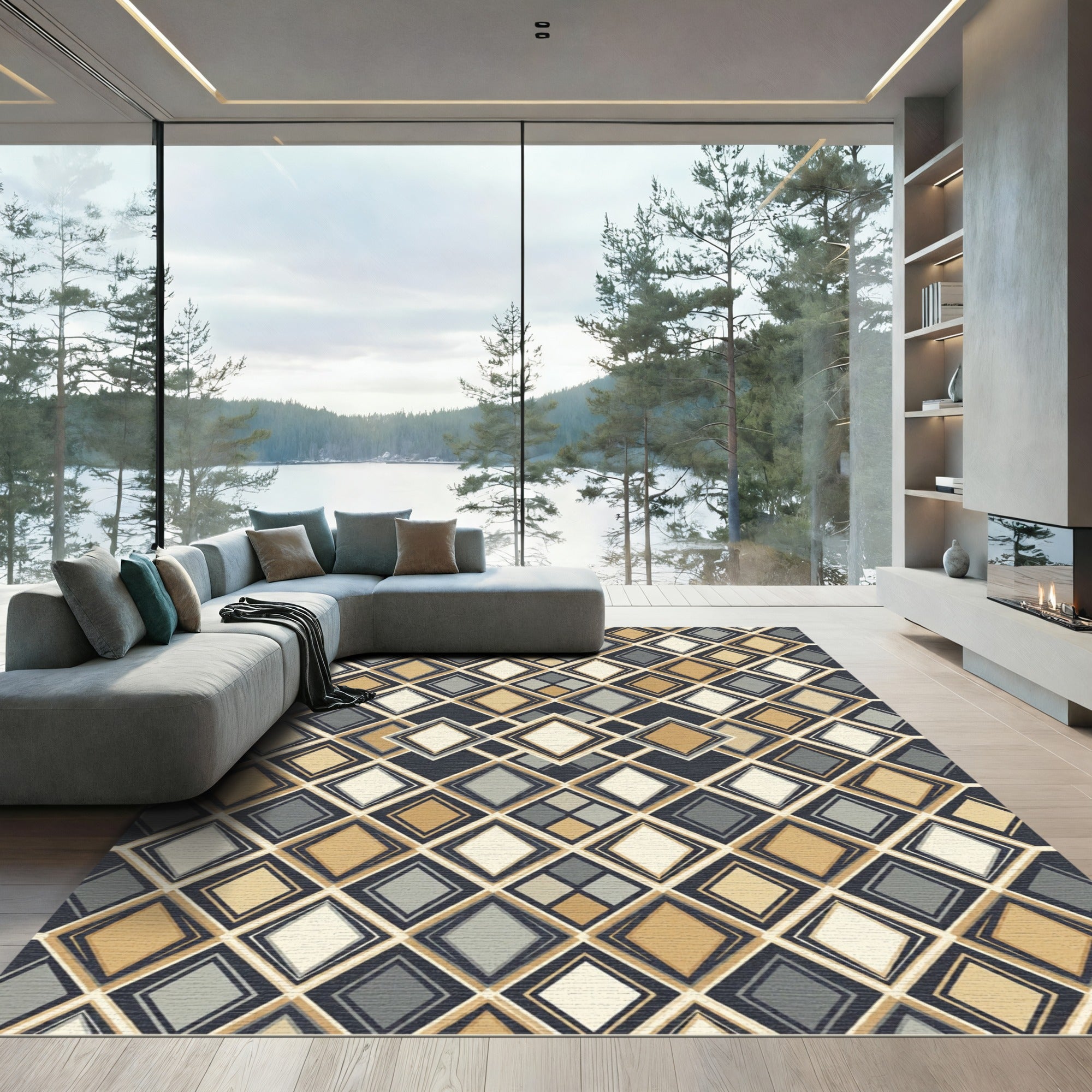 Sophisticated Earthy Toned Geometric Diamond Rug