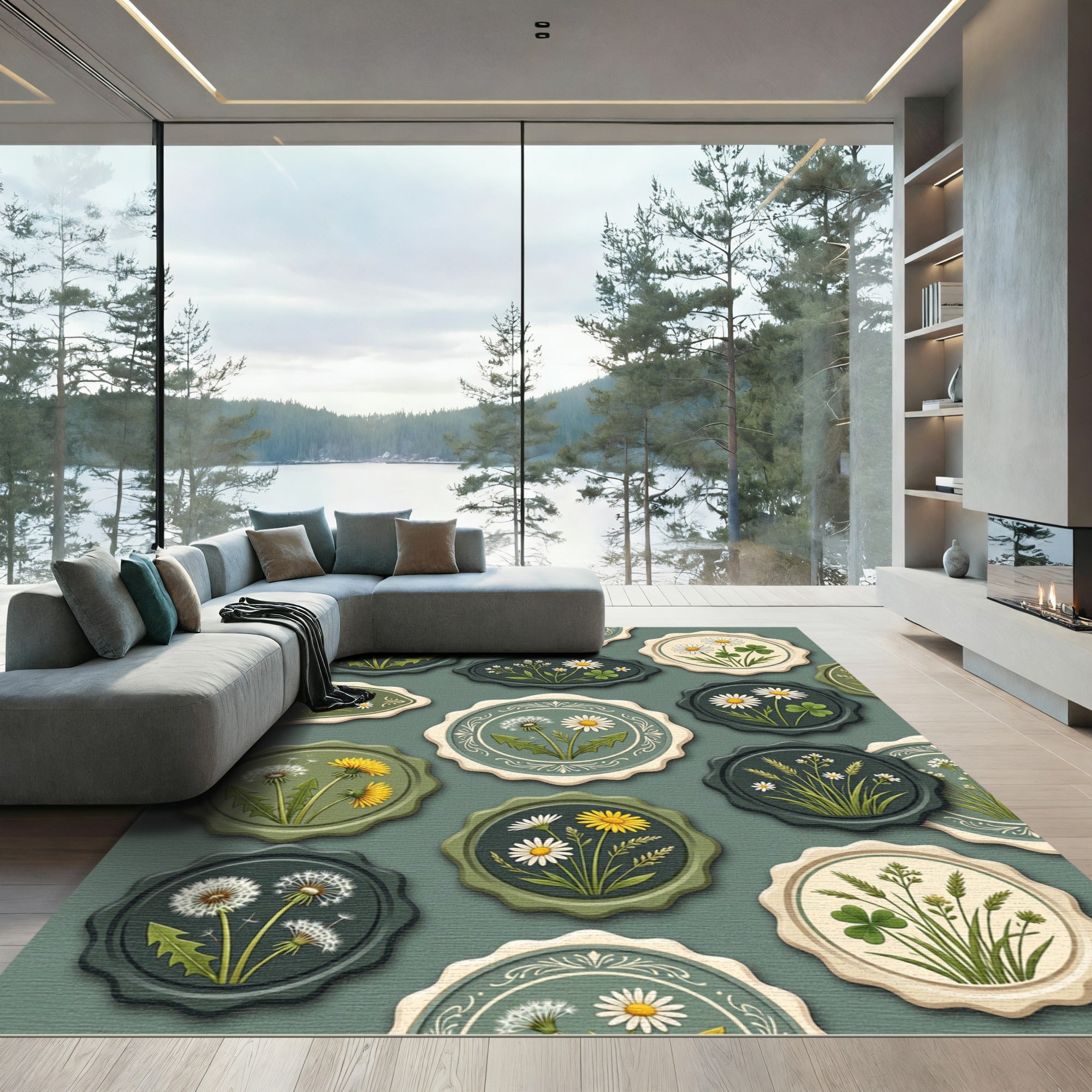 Sage Botanical Meadow Wildflower Stamp Collection Rug