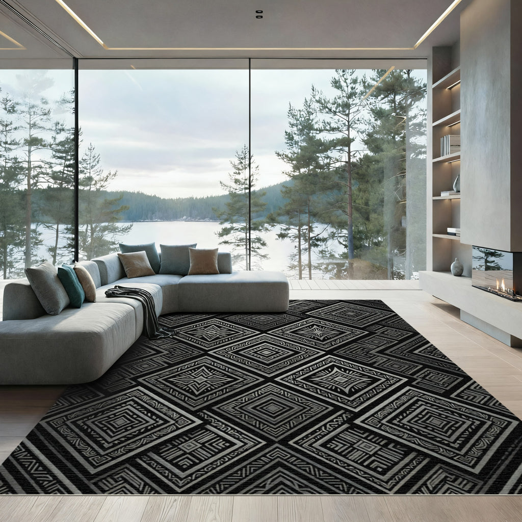 Midnight Gray Geometric Tribal Diamond Rug