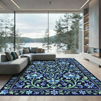 Intricate Azure Floral Scrolling Botanical Rug