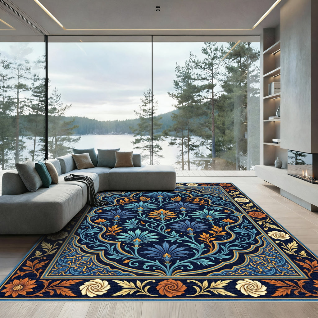 Ornate Blue Golden Floral Arch Rug