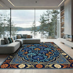 Ornate Blue Golden Floral Arch Rug