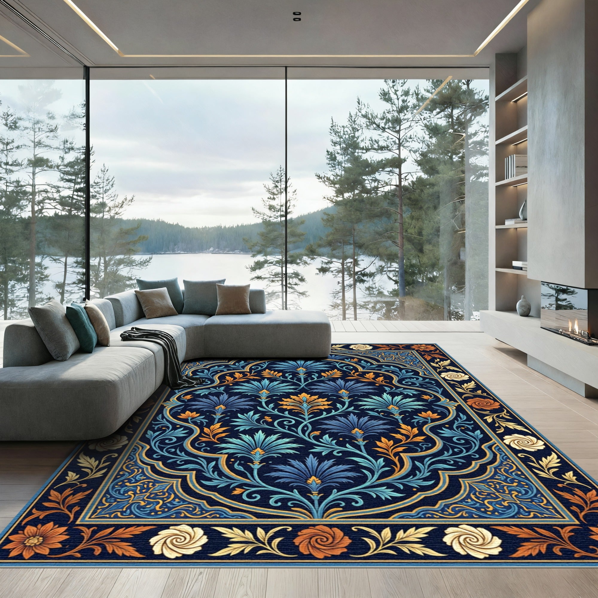 Ornate Blue Golden Floral Arch Rug