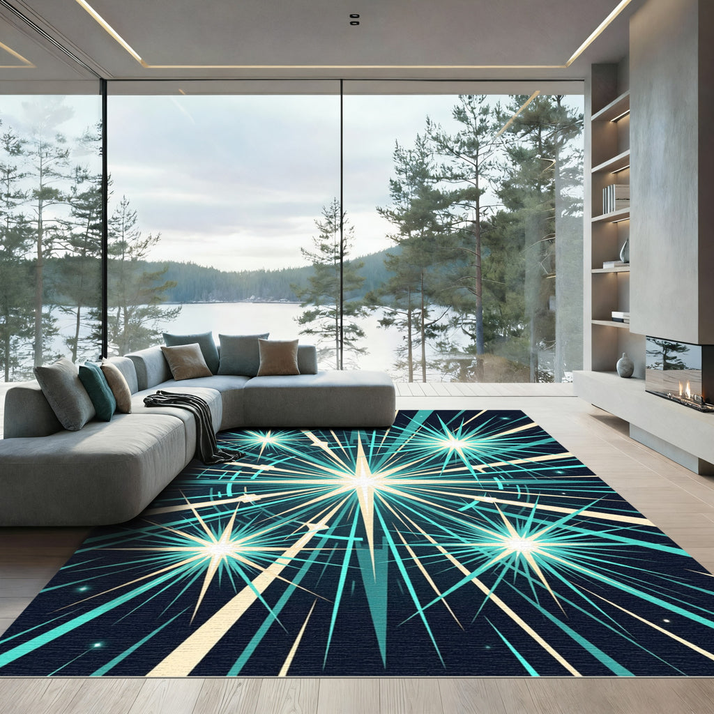 Radiant Teal Starburst Geometric Art Rug