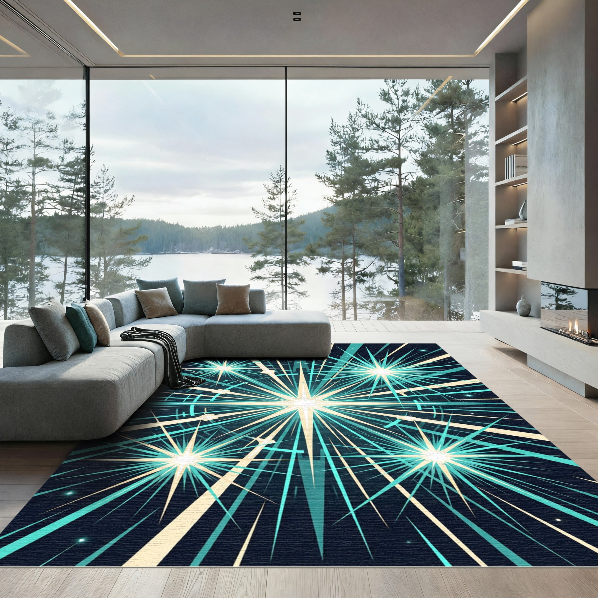 Radiant Teal Starburst Geometric Art Rug