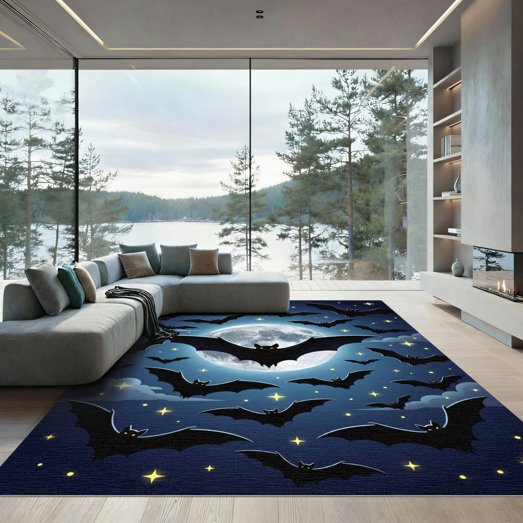 Midnight Bat Silhouette Full Moon Rug
