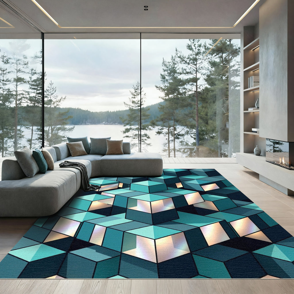 Geometric Cyan Cubic Abstract Illusion Rug