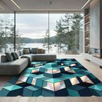 Geometric Cyan Cubic Abstract Illusion Rug