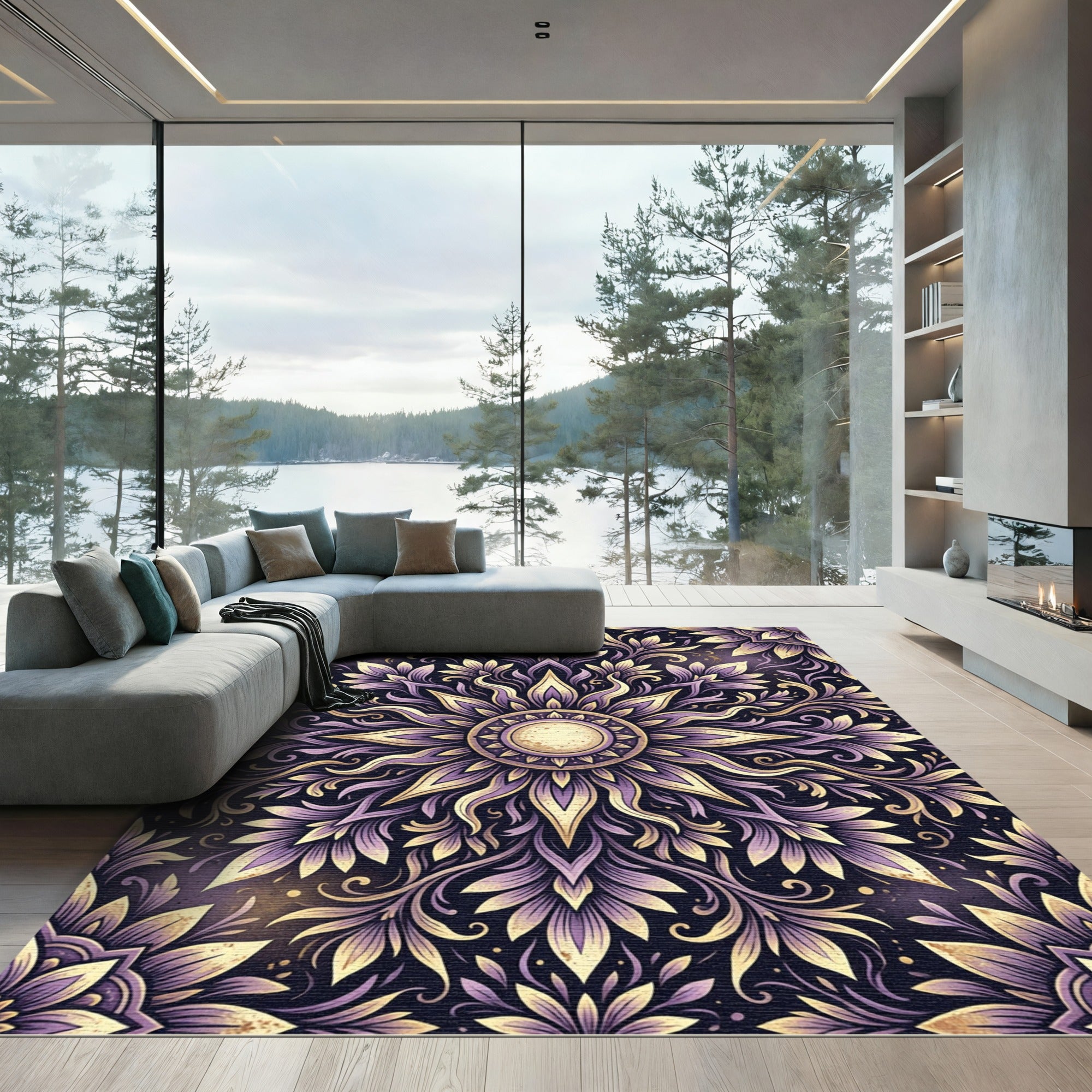 Radiant Amethyst Gold Floral Mandala Rug