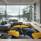 Golden Ginkgo Leaf Black Art Rug