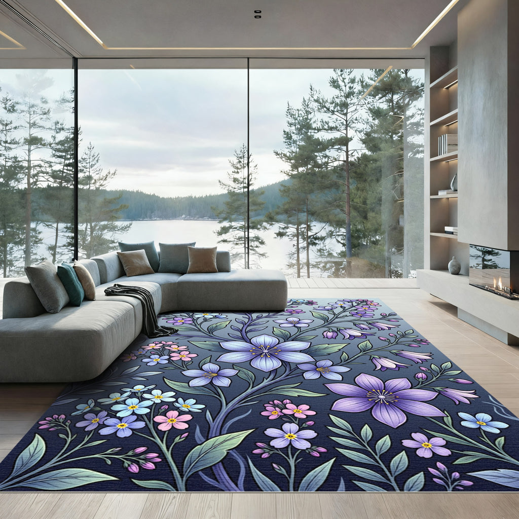Elegant Lavender Blue Floral Botanical Illustration Rug