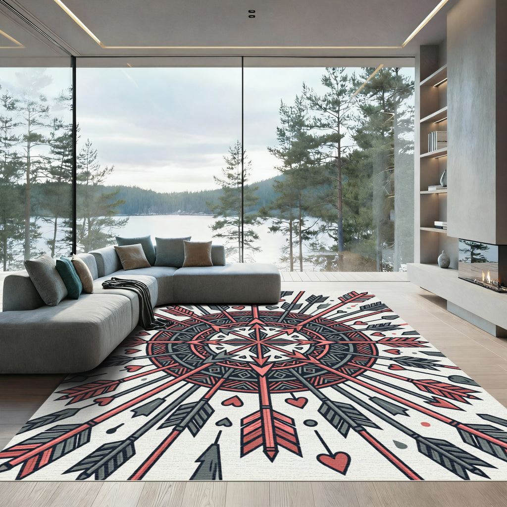 Geometric Arrow Medallion in Coral Gray Rug