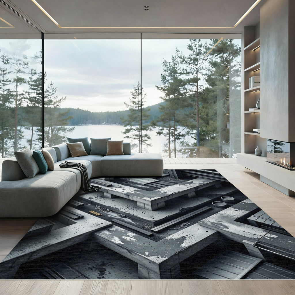 Modern Monochromatic Concrete Labyrinth Rug