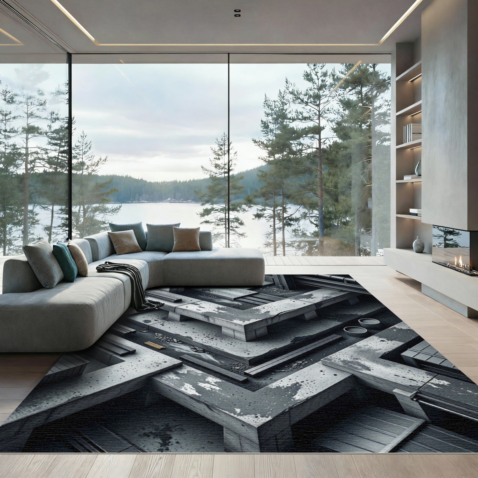 Modern Monochromatic Concrete Labyrinth Rug