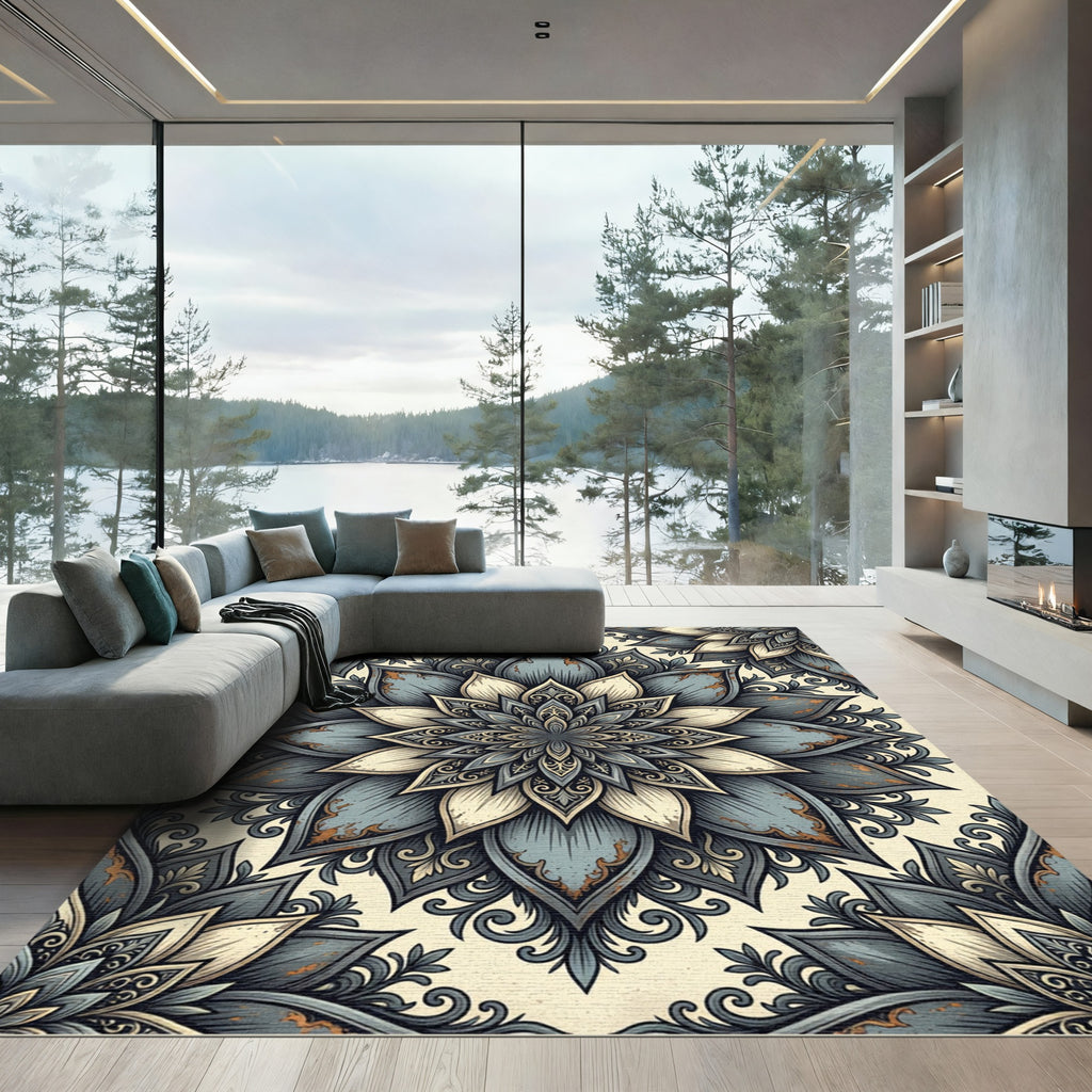 Distressed Slate Blue Floral Medallion Rug