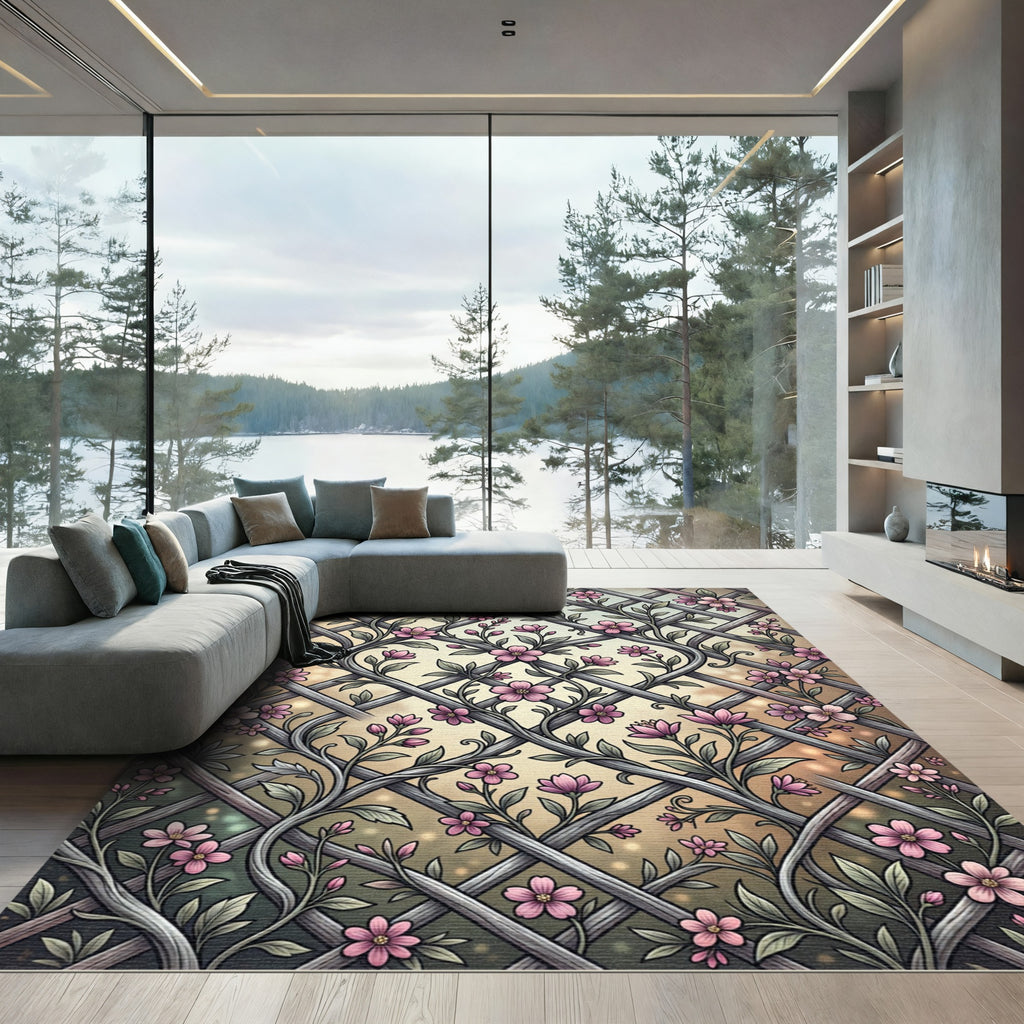 Pink Floral Lattice Garden Vines Rug