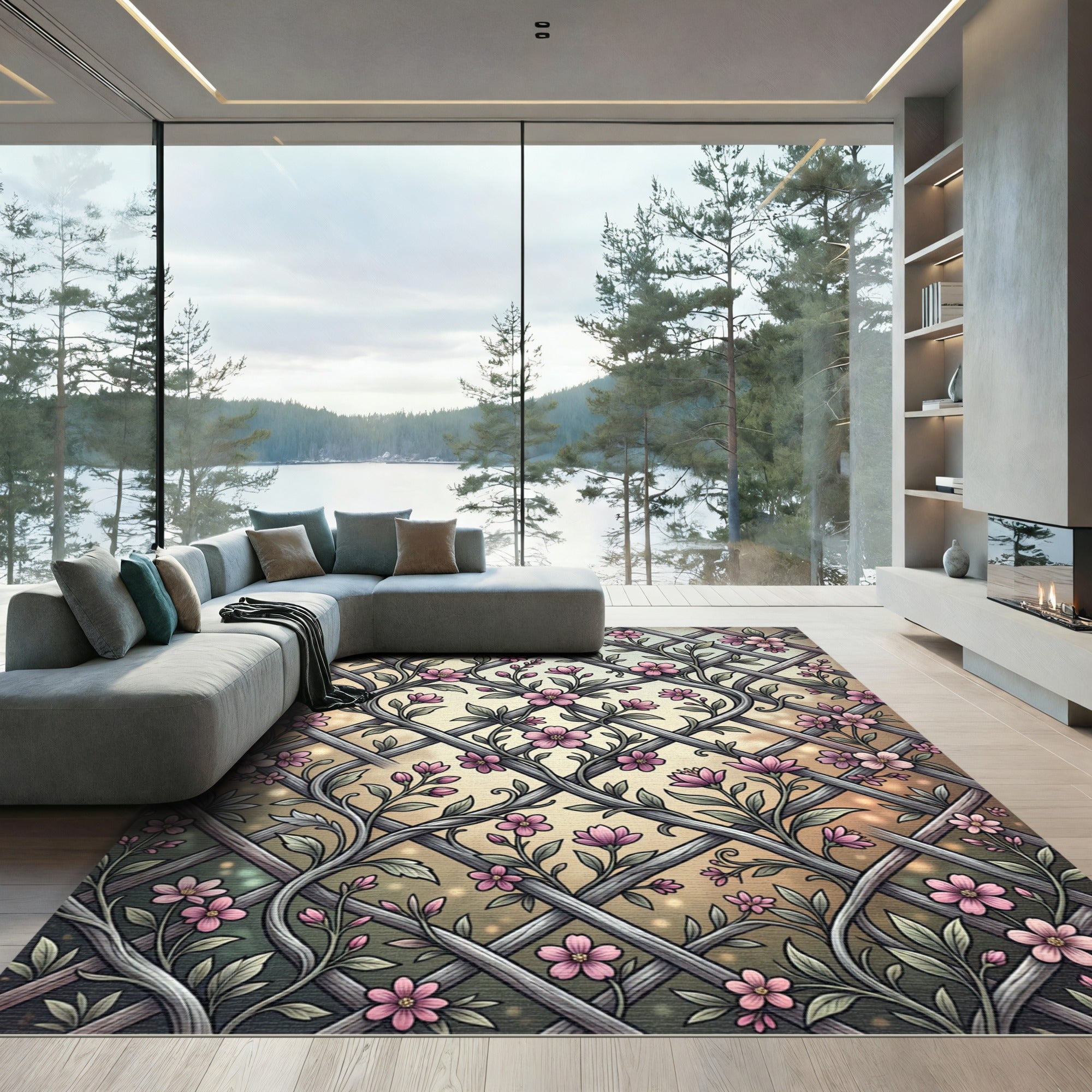 Pink Floral Lattice Garden Vines Rug