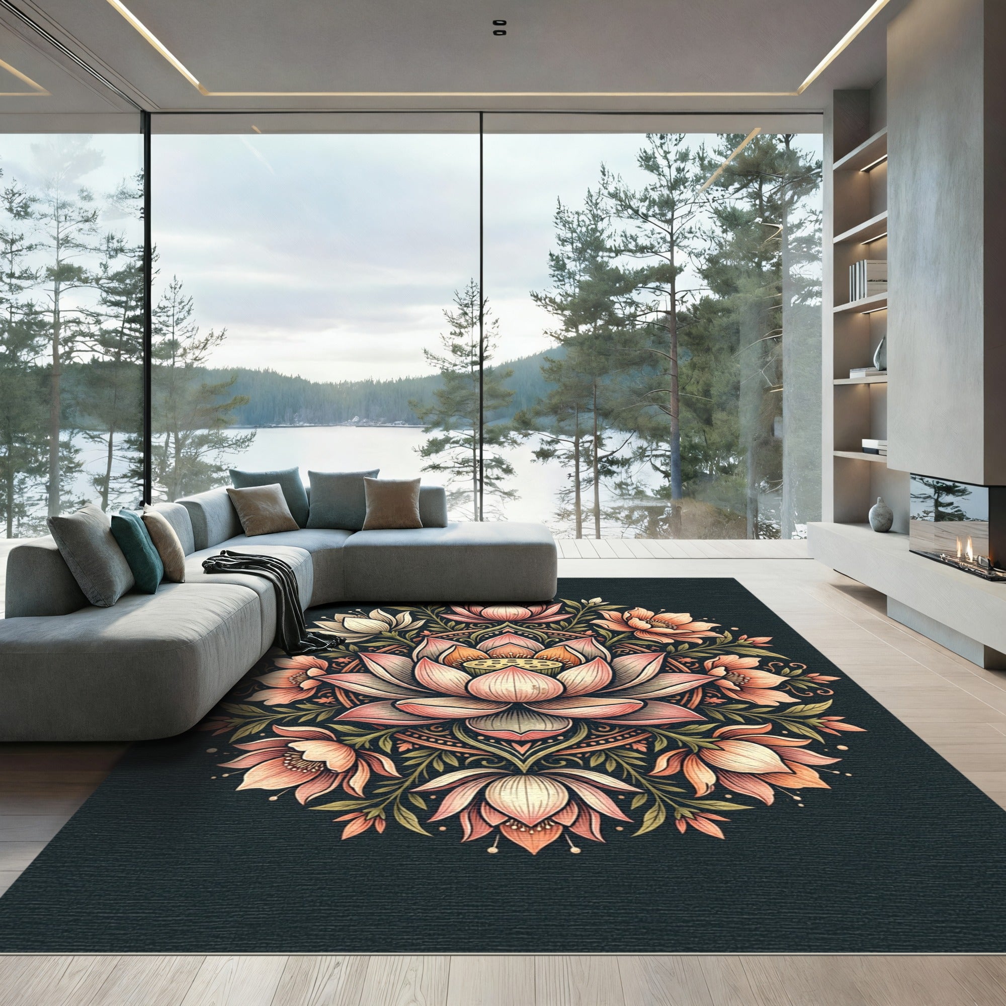 Lotus Bloom Floral Mandala Round Rug