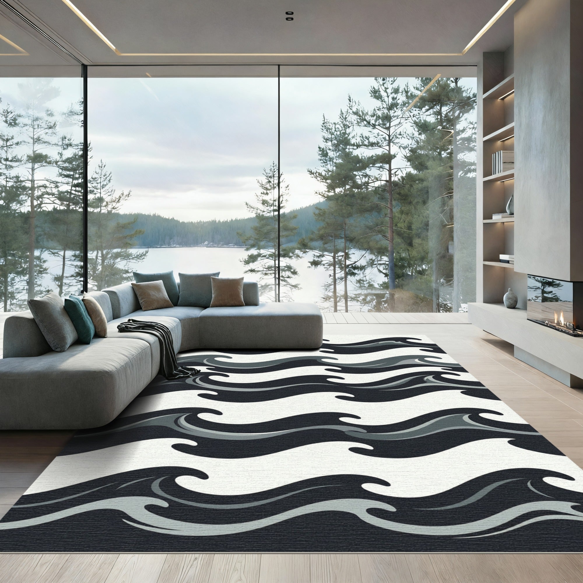 Bold Gray Abstract Wave Formation Rug